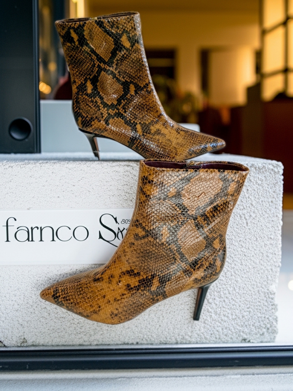 New Franco Sarto Mala Brown Leather Snake-Print Pointed Toe Ankle Boot SZ 6